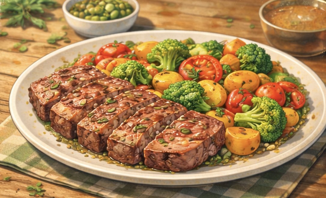garlic grilled steak plate with roasted broccoli tomatoes and potatoes