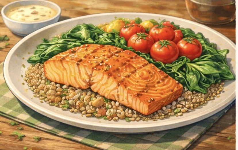 honey glazed salmon with quinoa spinach and cherry tomatoes
