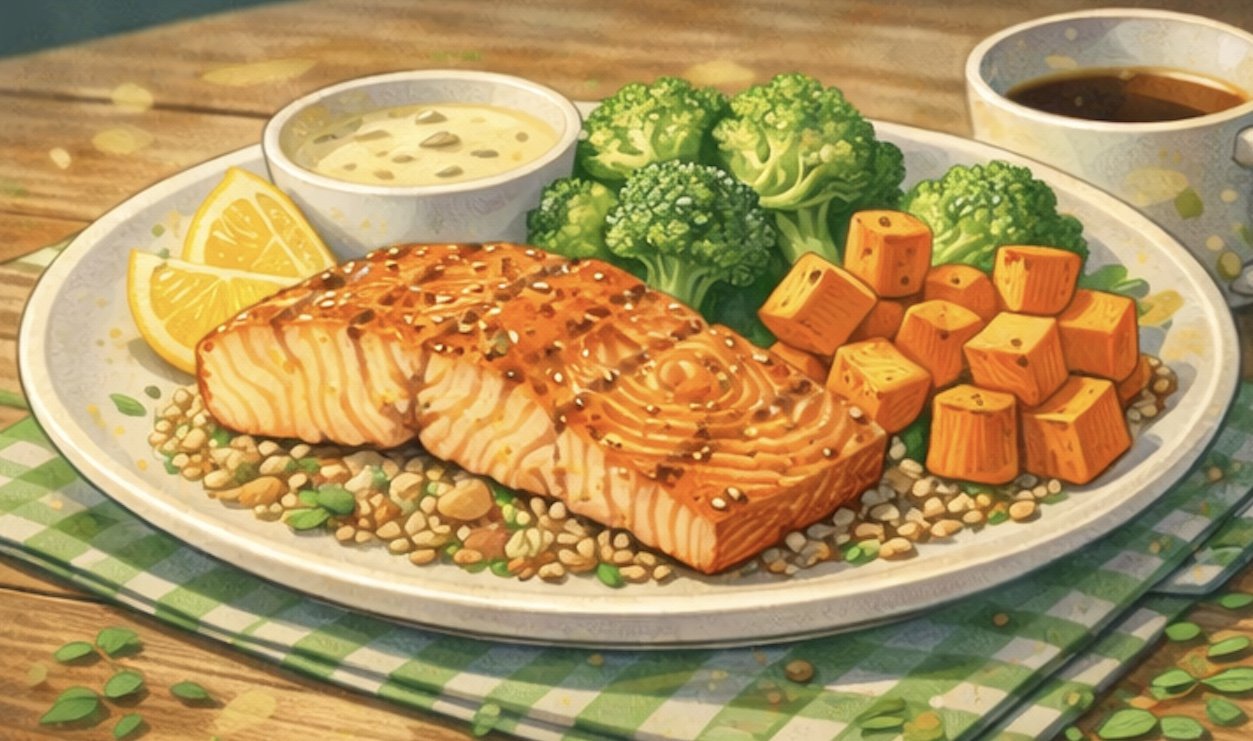 grilled salmon quinoa plate with roasted vegetables and broccoli