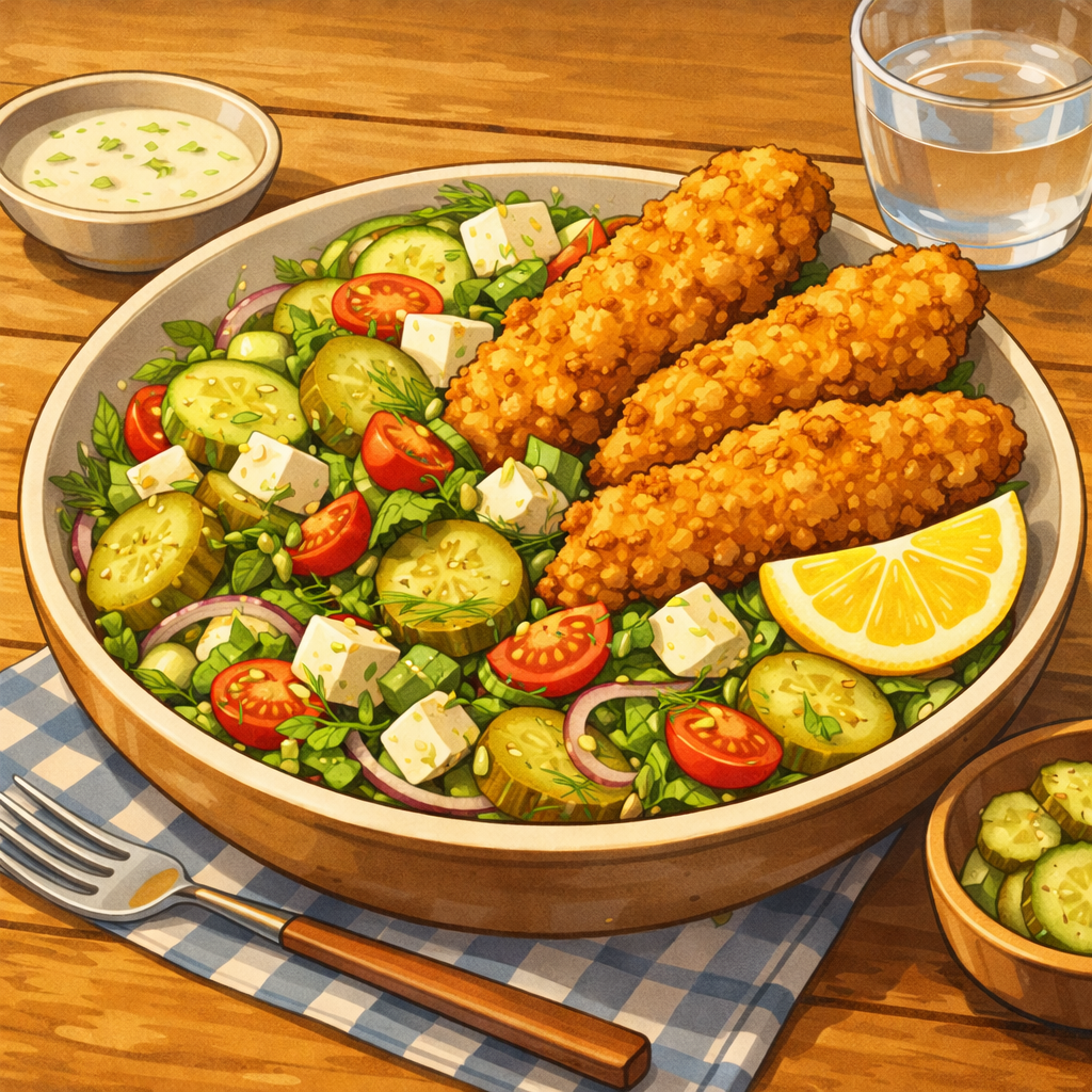 Fresh vegetable salad with protein and lemon showing healthy meal prep ideas in a health tracking app.