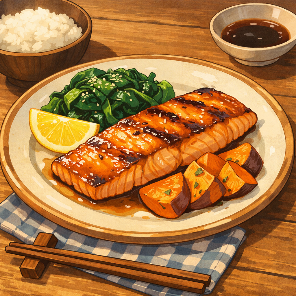 Healthy salmon meal with vegetables and rice representing meal ideas in a nutrition tracking app.