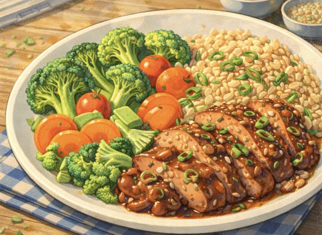 grilled beef protein plate with brown rice broccoli and carrots