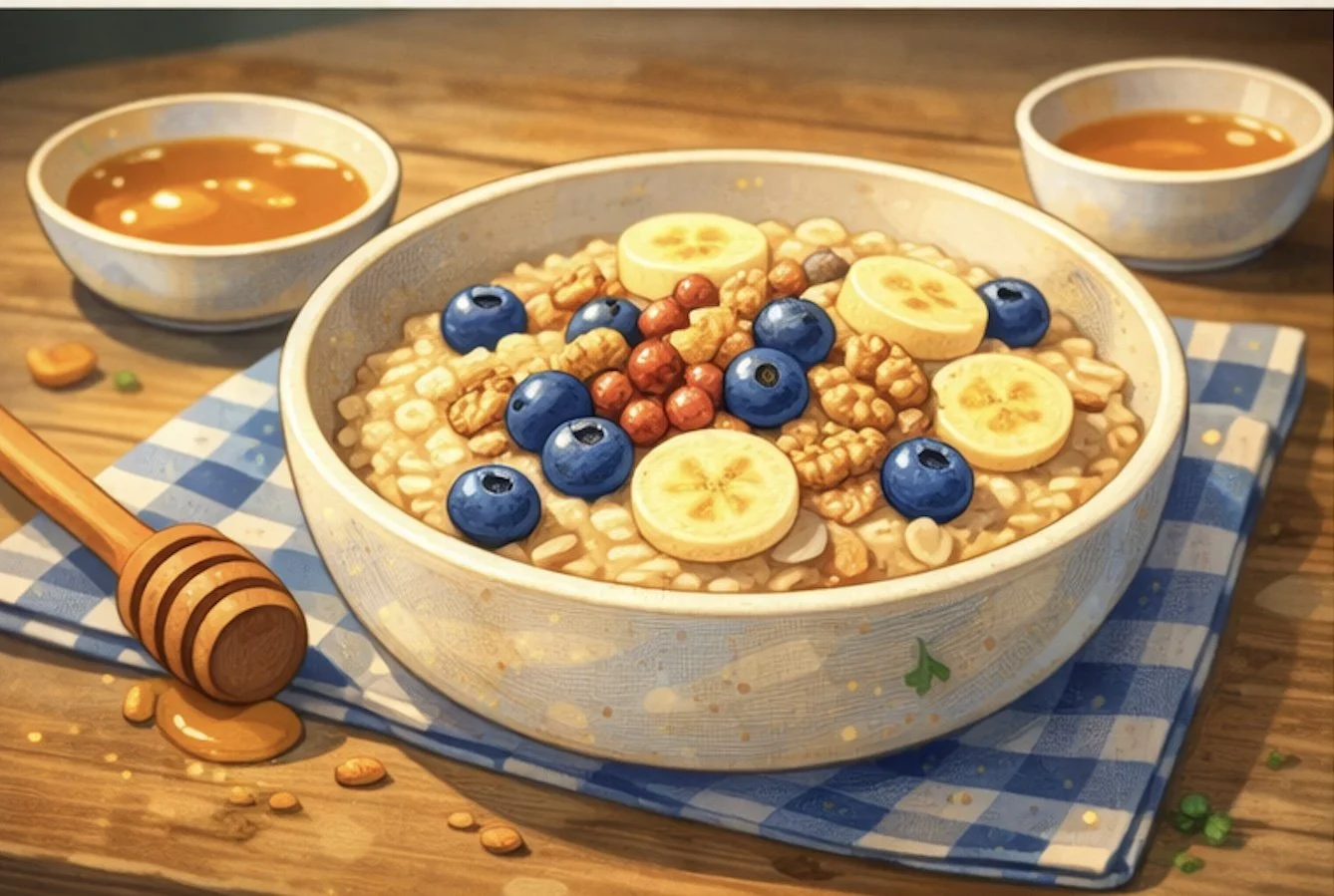 oatmeal bowl with banana blueberries walnuts and honey