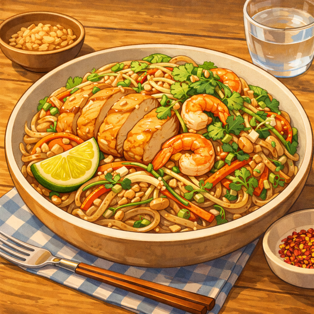 Protein noodle bowl with vegetables representing balanced meals in a nutrition tracking app.