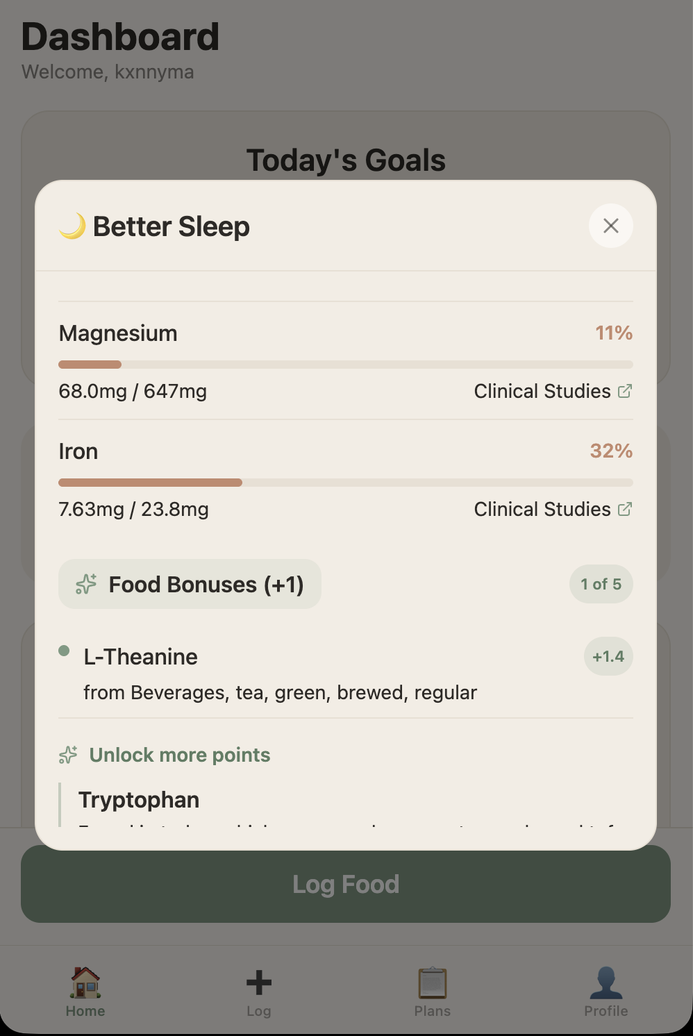 Health Tracking goal of maximizing better sleep through focusing on vitamins such as magnesium and iron.