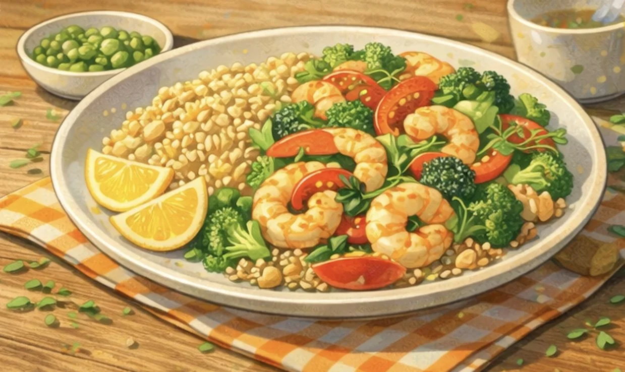 shrimp vegetable stir fry bowl with brown rice broccoli and peppers