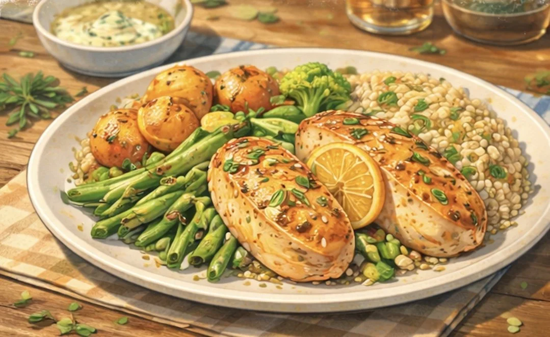 lemon herb grilled chicken with green beans roasted potatoes and brown rice