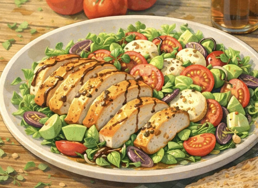 caprese chicken salad with mozzarella tomatoes basil and mixed greens