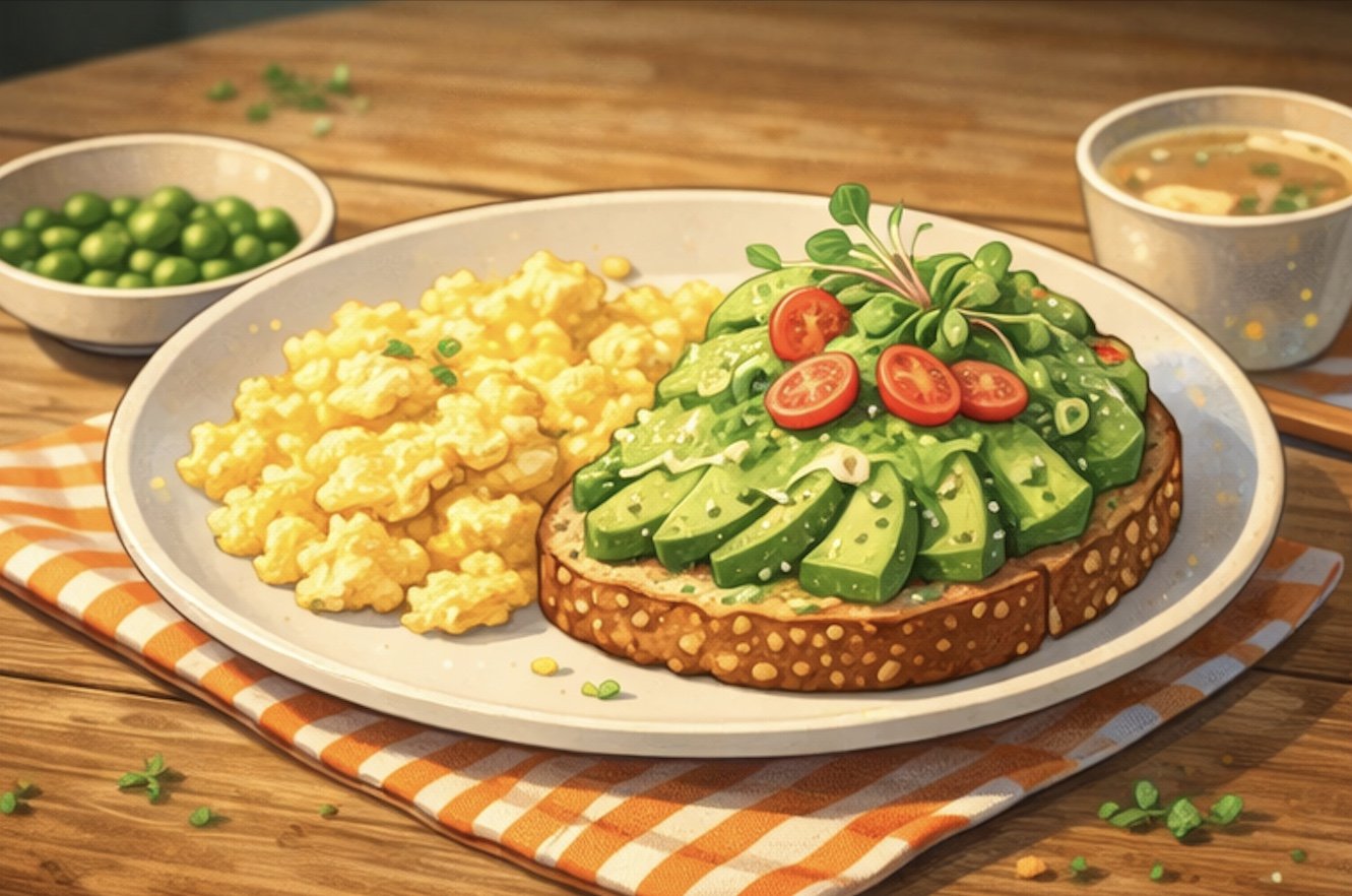 avocado toast with scrambled eggs and cherry tomatoes on whole grain bread