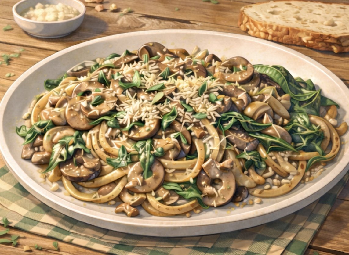 creamy mushroom herb pasta with spinach and whole wheat noodles