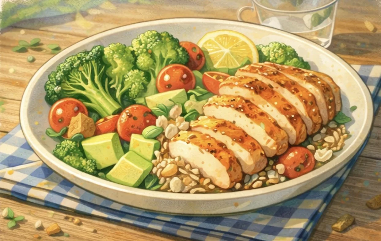 grilled chicken power salad with avocado cherry tomatoes and greens