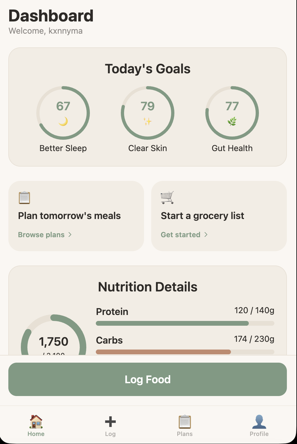 Health Tracking App Dashboard that tracks progress about better sleep, clear skin, and gut health. Can contain plan future meals, grocery lists, and nutrition plans.