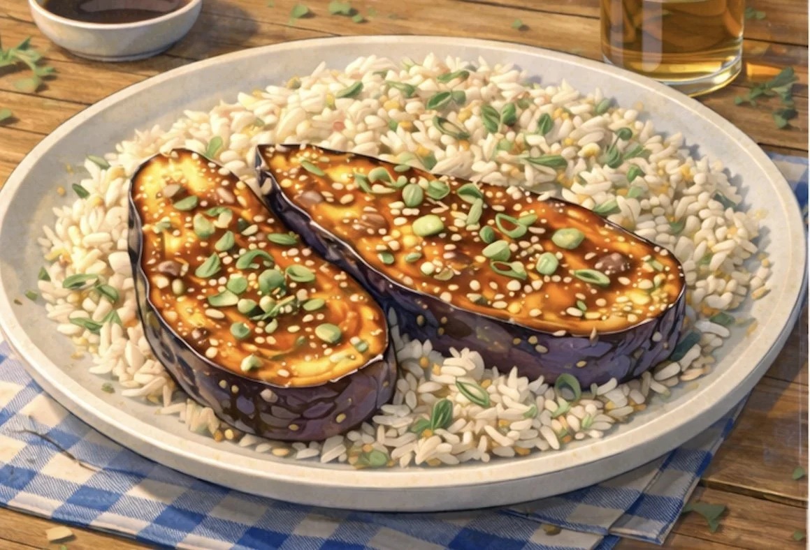 miso glazed eggplant and grilled salmon with jasmine rice and sesame seeds