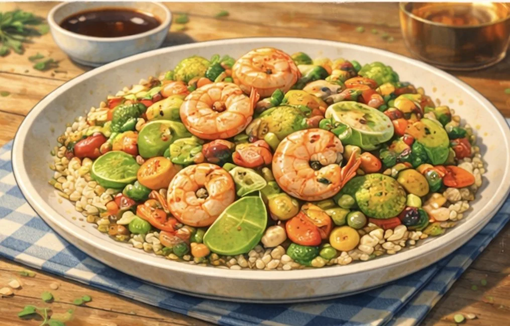 citrus shrimp grain bowl with farro roasted vegetables and cherry tomatoes