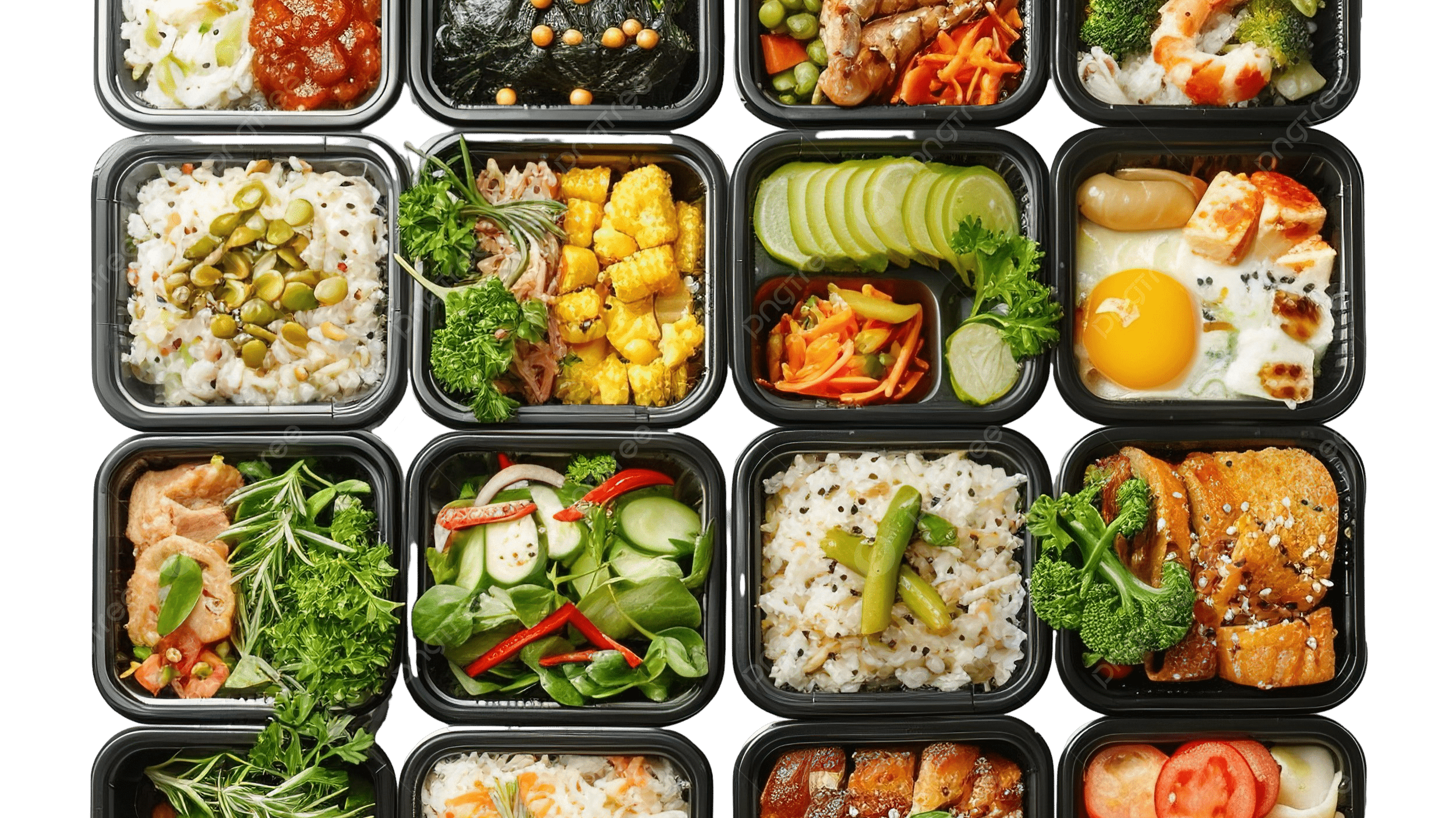 healthy meal prep containers with rice vegetables salmon and eggs