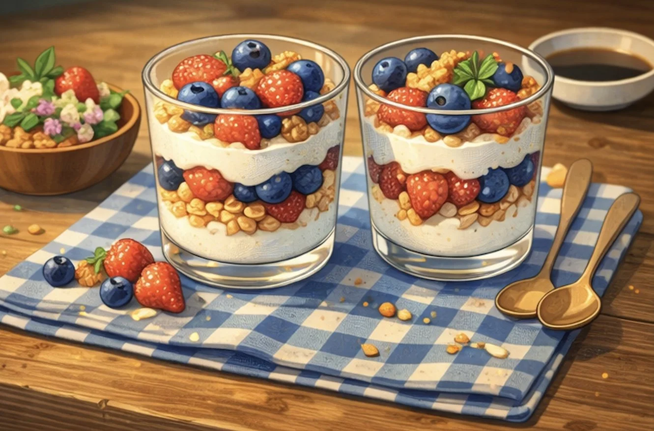 greek yogurt berry parfait with granola strawberries and blueberries
