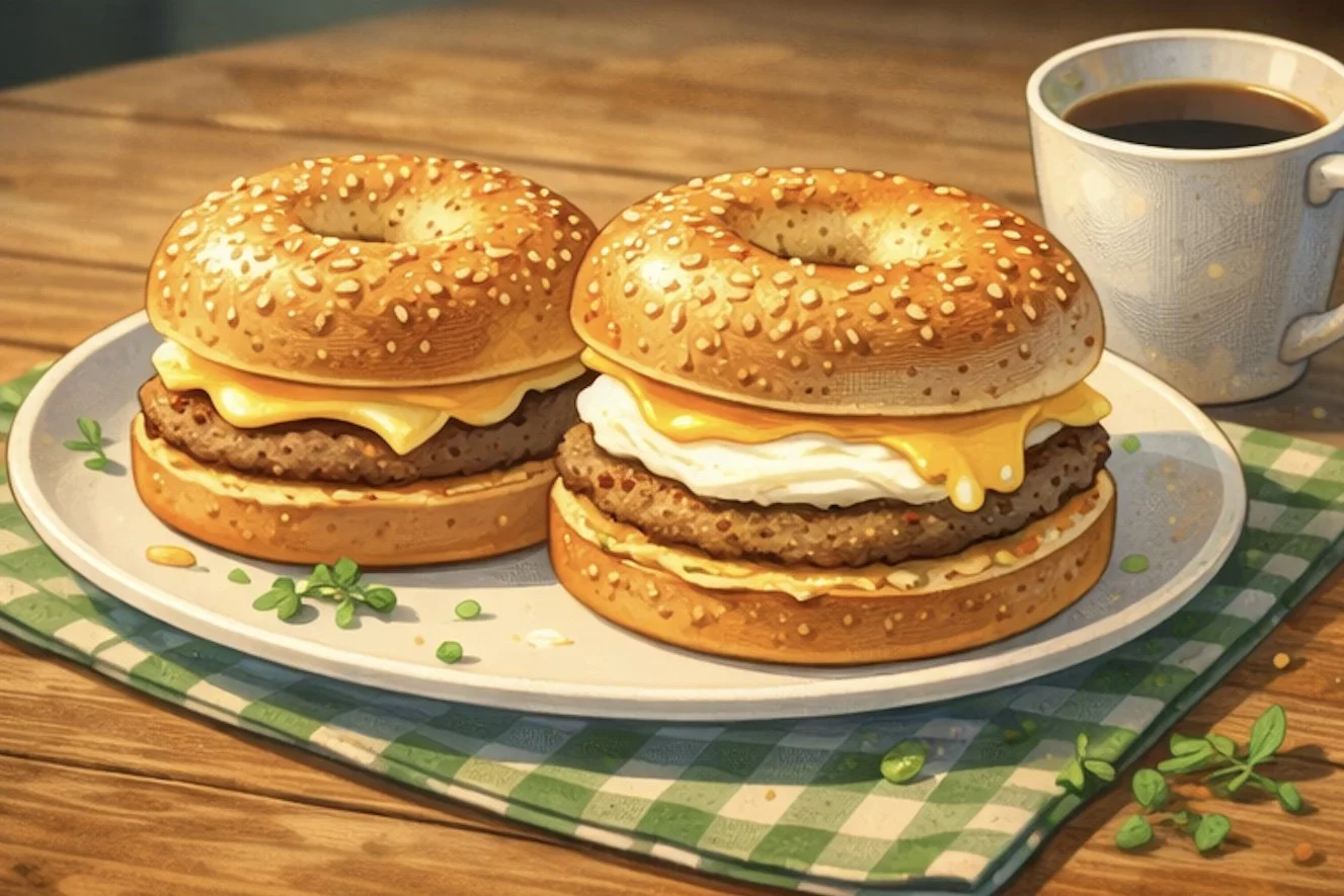 breakfast bagel sandwich with egg turkey sausage and melted cheddar