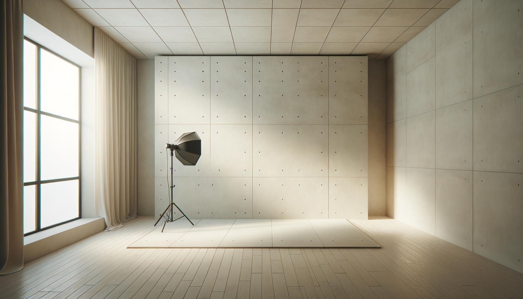 Photography studio with a large window, light-colored walls and flooring, a studio light on a tripod, and a backdrop.