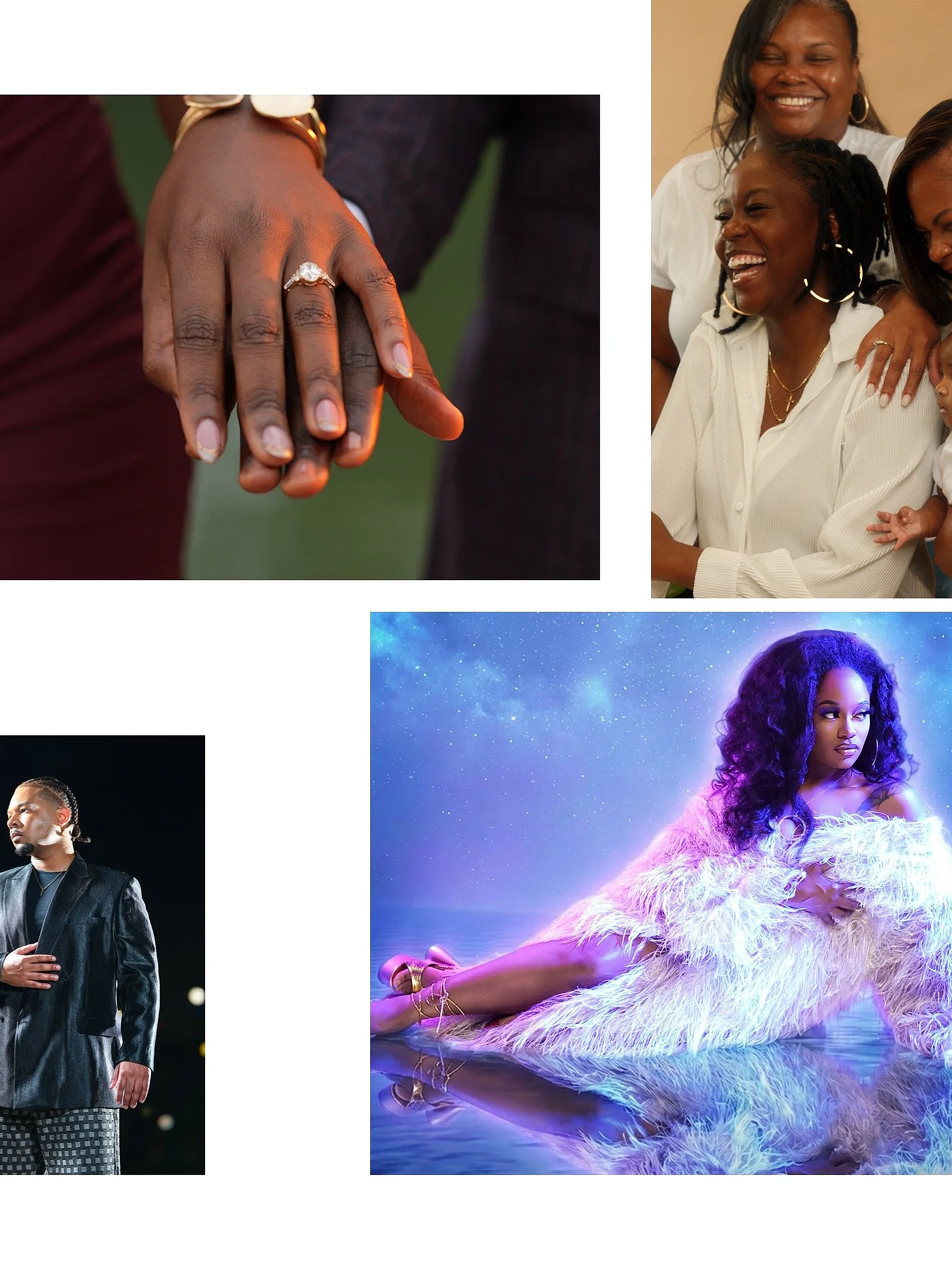 Collage of four images: a close-up of a woman's hand with an engagement ring, a group of women smiling and laughing together, a man dressed in black with braided hair, and a woman with long curly hair lying on the ground in a feathered outfit under a starry sky.