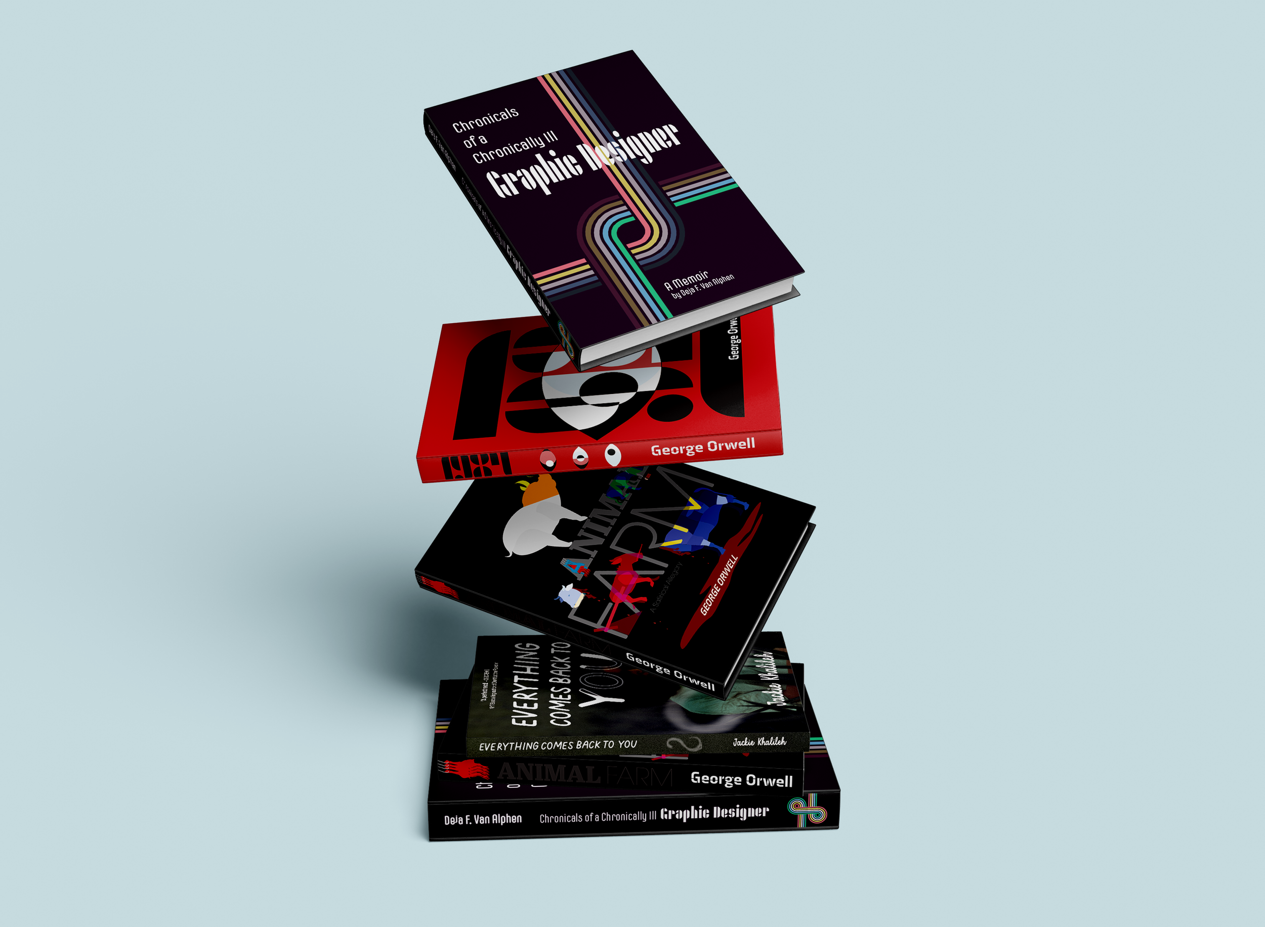 A stack of five books with colorful and dark themed covers, each with titles related to George Orwell's works and themes on graphic design and dystopian literature, arranged on a light blue background.