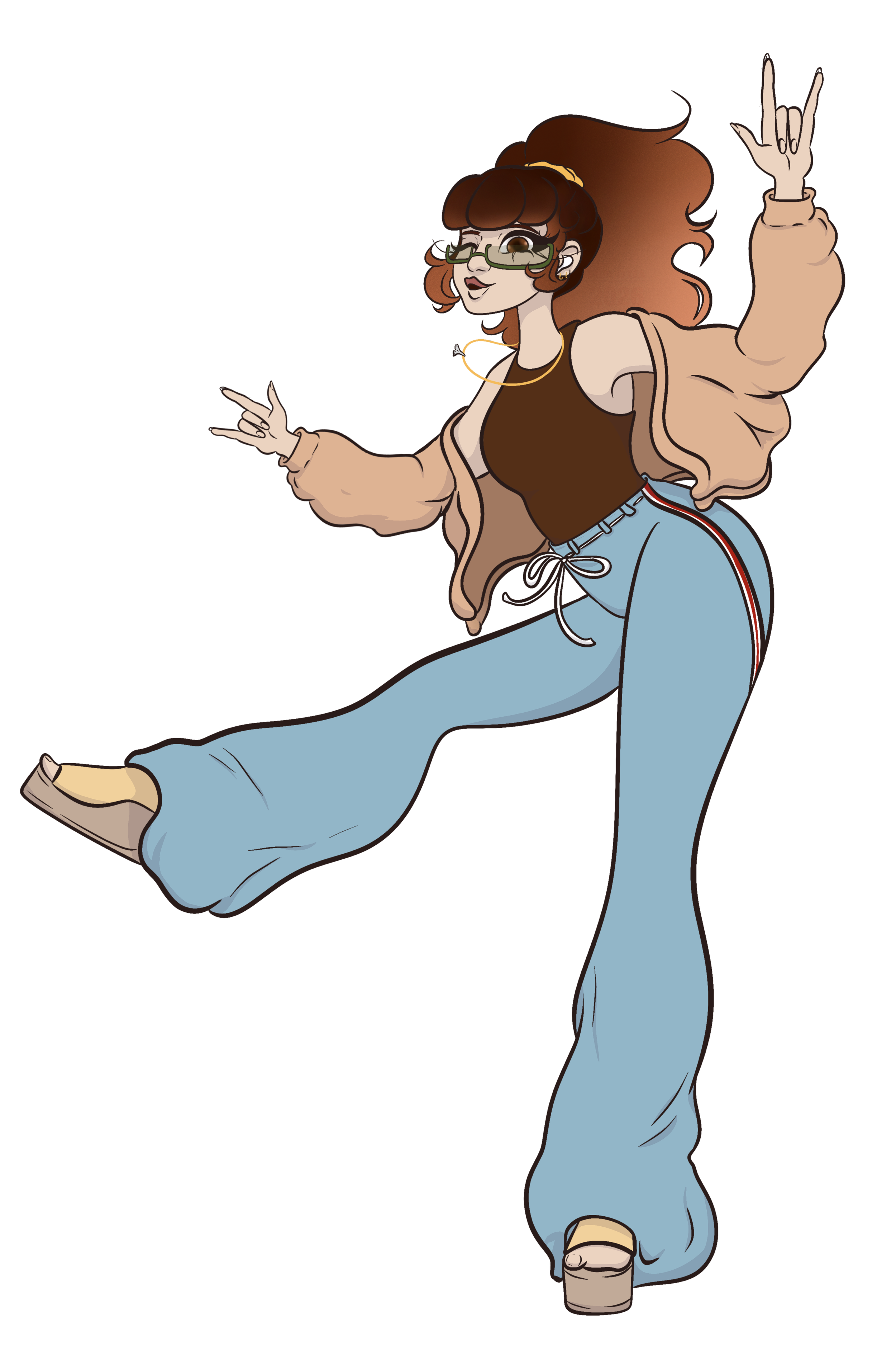 Cartoon image of the graphic designer "Deja". She is depicted with brown-red hair, glasses, and hearing devices, making the ASL hand sign for "I love you" with both hands. She is dressed in a brown tank top, beige jacket, and light blue baggy pants.