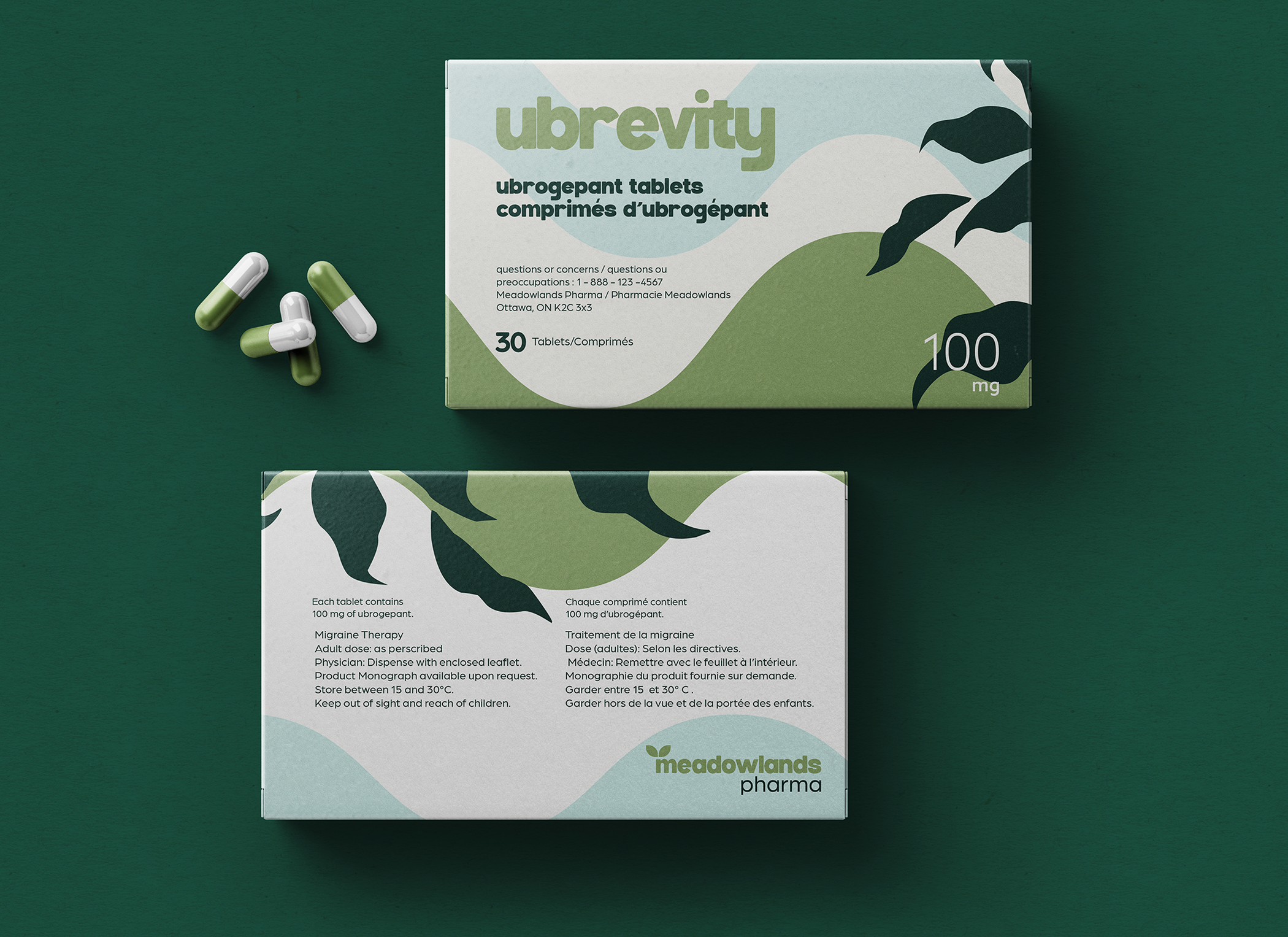 Box of Meadowlands Pharma ubrevity tablets with a few capsules nearby, set against a green background.