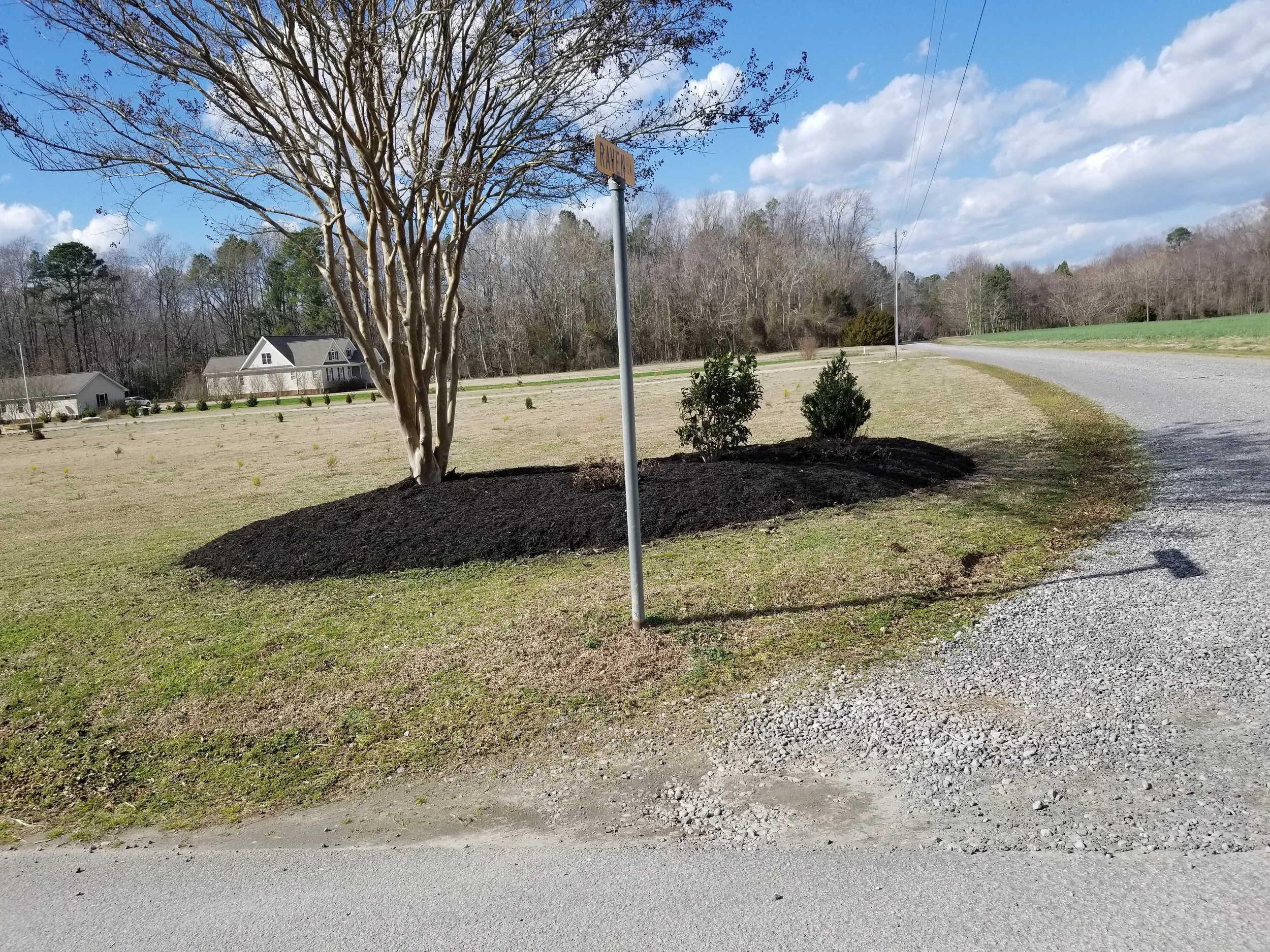 A rural street corner with a tree surrounded by freshly mulched flower bed, a street sign that reads 'Ravenc', and houses in the background under a partly cloudy sky.