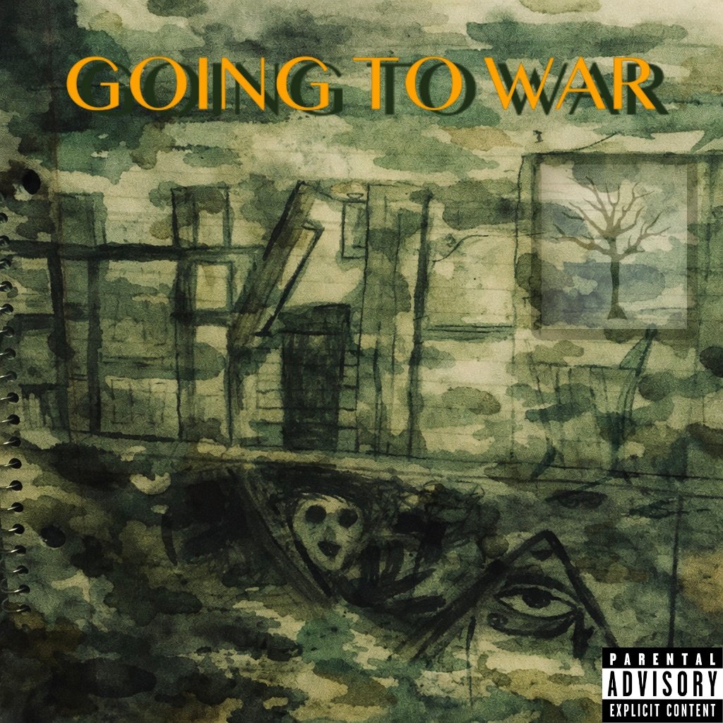 A dark, abstract watercolor painting with the words "Gone to War" in orange at the top. The scene includes a bookshelf with scattered books, a framed picture of a tree, and a chair. A sad face is visible among the dark swirls at the bottom. There is a parental advisory label in the lower right corner.