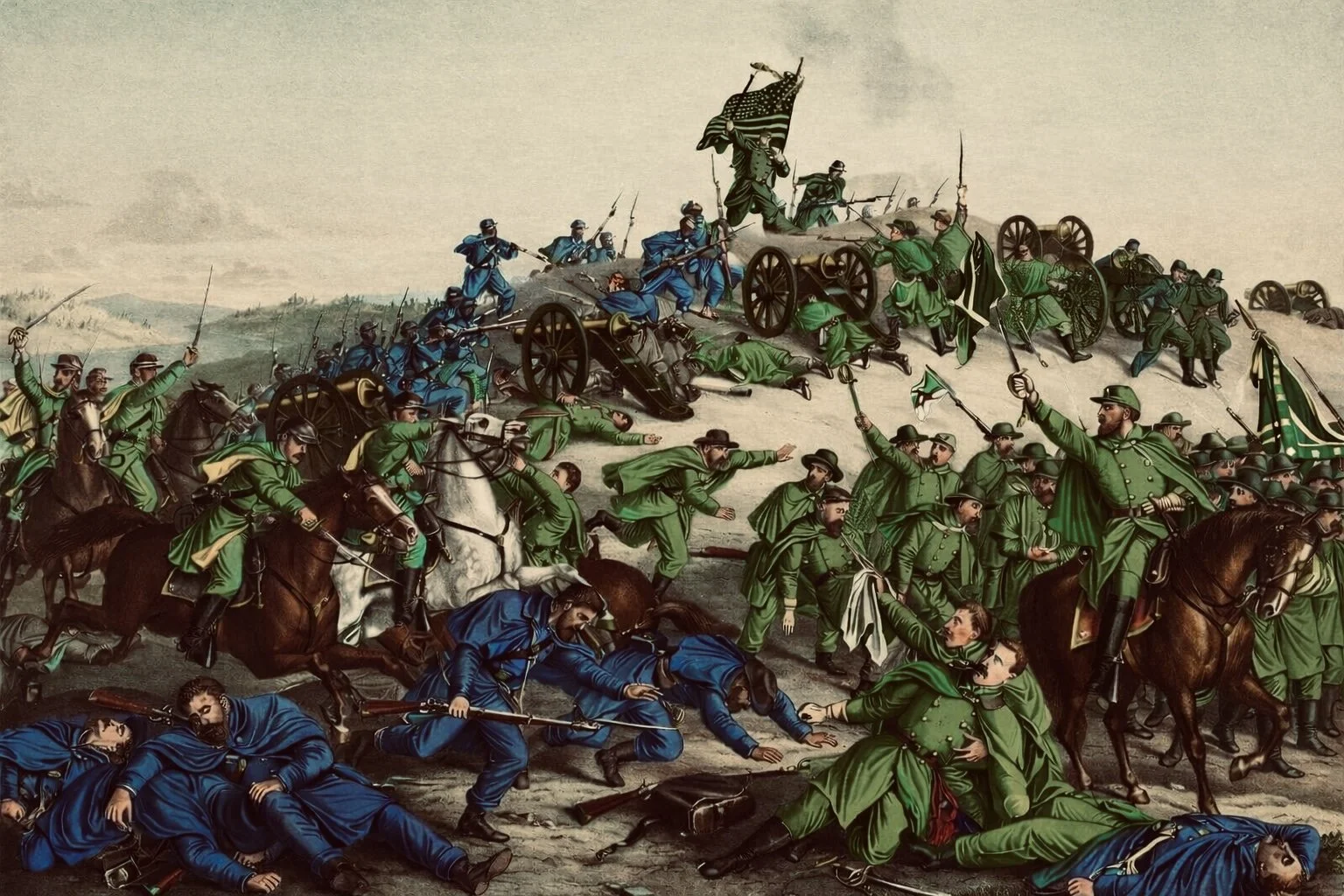 Historical battle scene with soldiers, horses, cannons, and flags during a conflict.