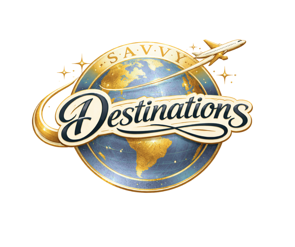 Savvy Destinations logo with globe and plane flying