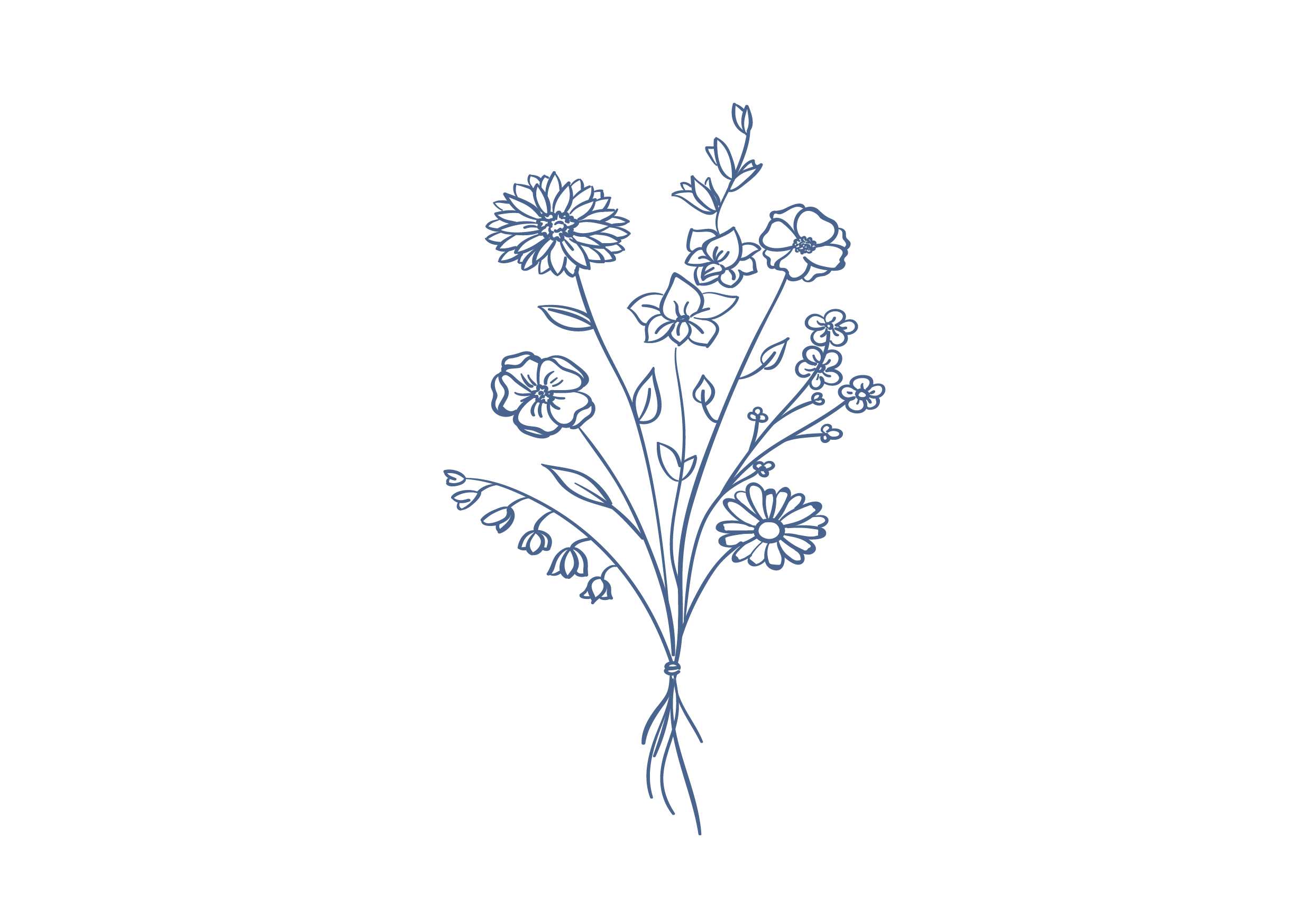 Desenho de um buquê de flores estilizado, com linhas azuis sobre fundo preto.