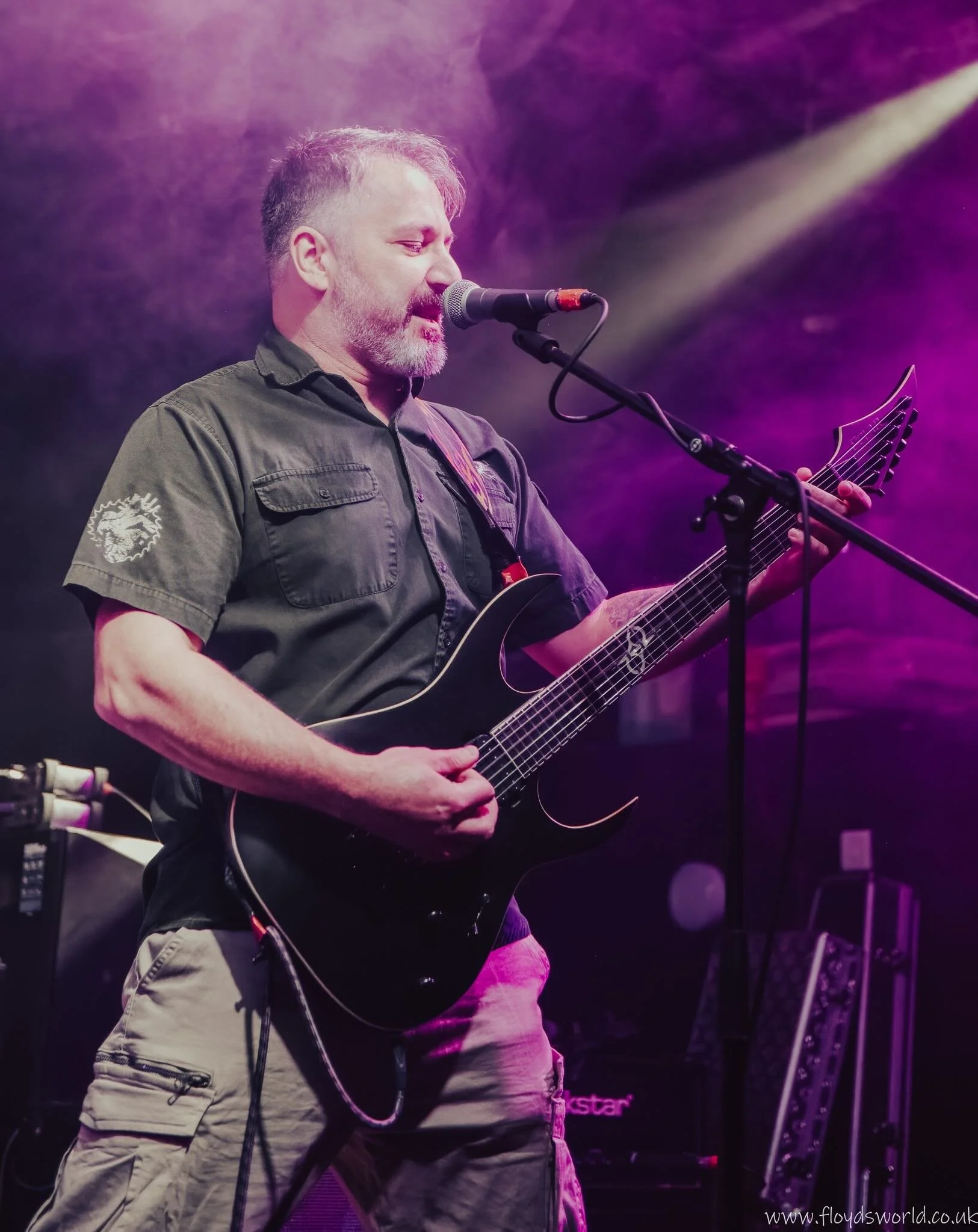 Man with gray hair and beard playing electric guitar and singing into a microphone on a stage with purple and pink lighting.