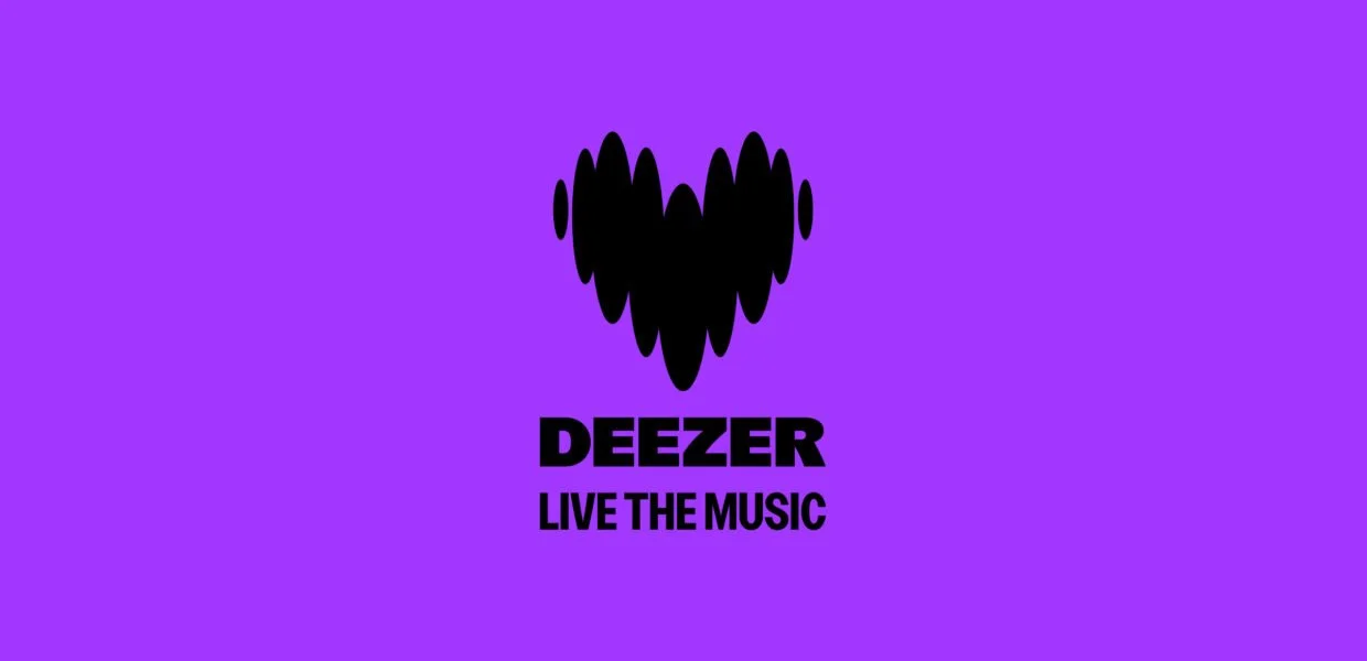 Purple background with a black, heart-shaped sound wave graphic; below it, the text 'DEEZER' and 'LIVE THE MUSIC' in bold black letters.