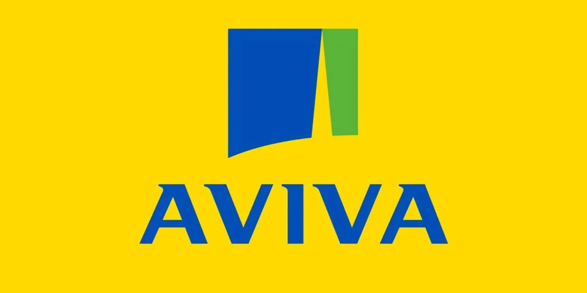 Logo of Aviva insurance company with a yellow background, blue and green abstract graphic, and blue text 'AVIVA'.