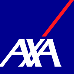 A blue background with the AXA logo, featuring white text and a red diagonal stripe.
