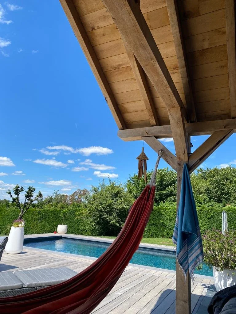 Pool house en bois intégré à l’espace piscine à Jalhay.