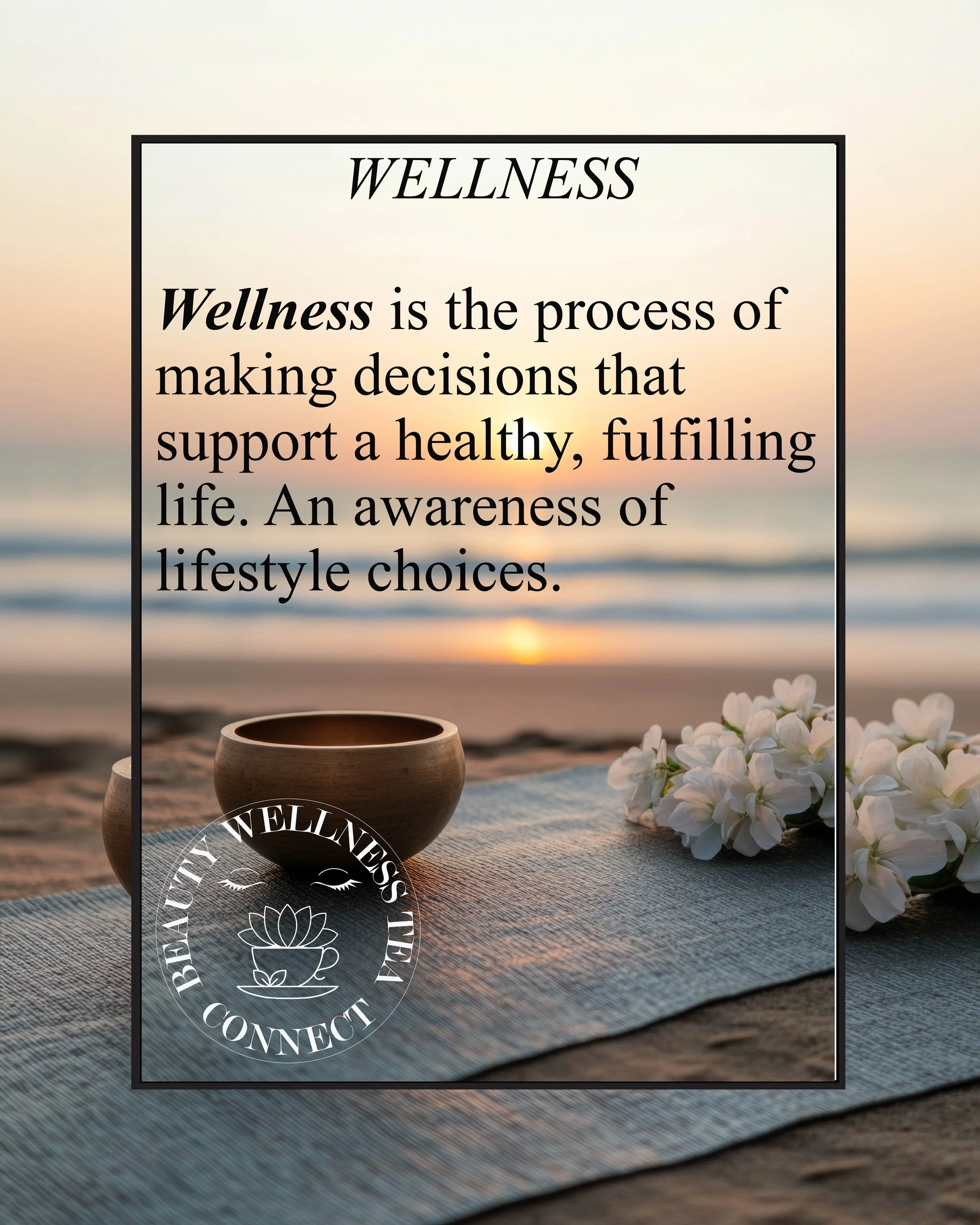 beach scene with flowers and wellness message
