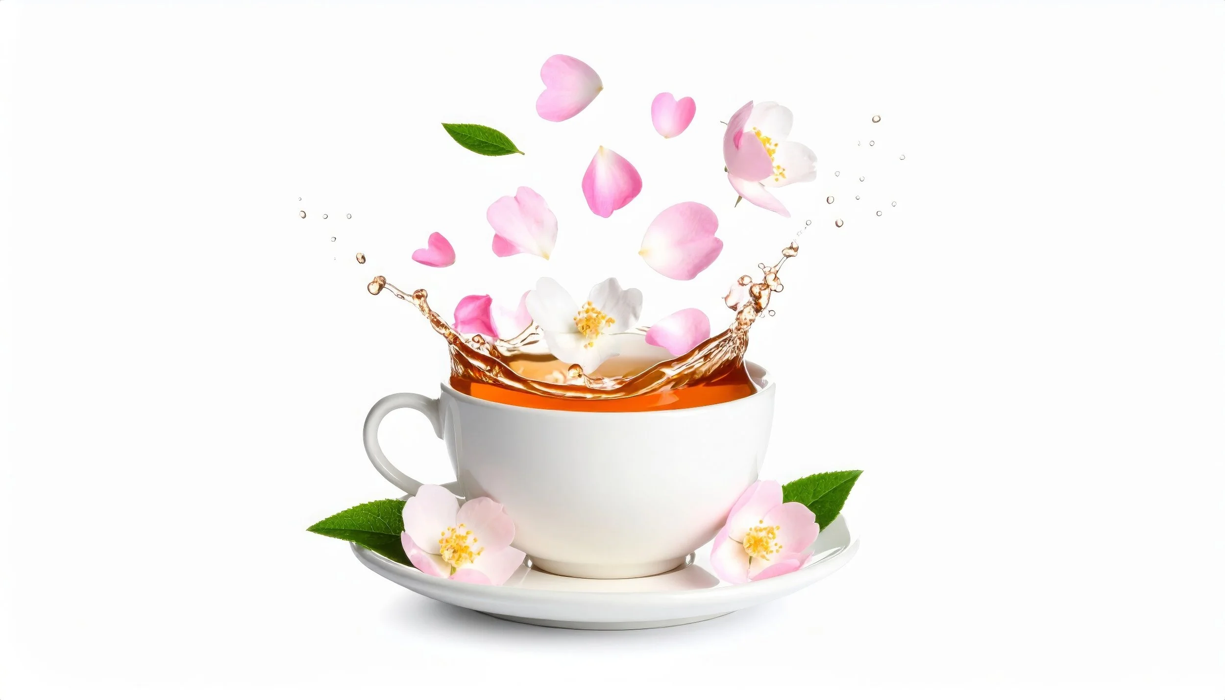 beautiful cup of tea with flower petals gently falling overtop
