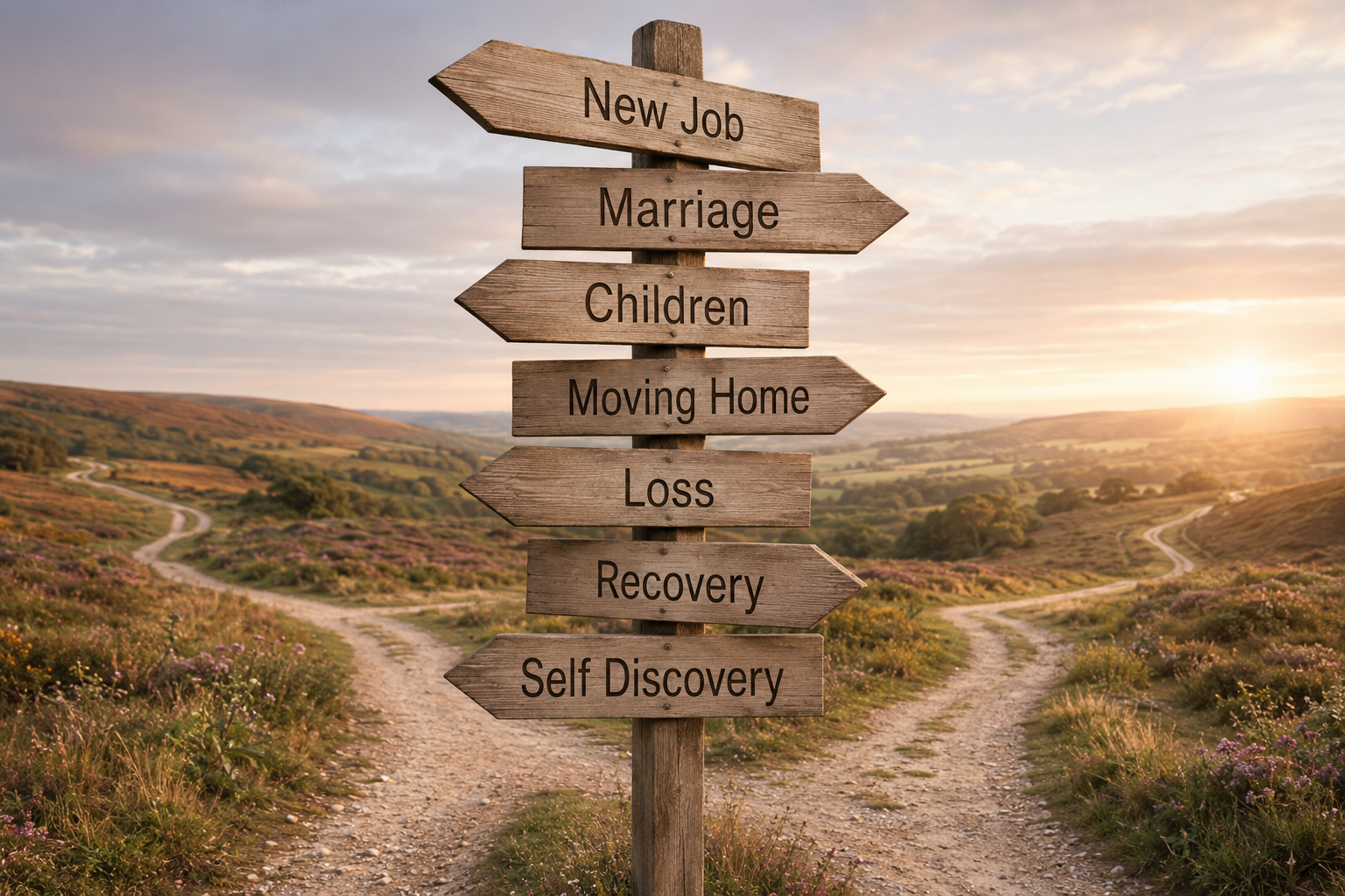 Wooden signpost pointing towards new job, marriage, children, moving home and loss, representing how relationships change through life.