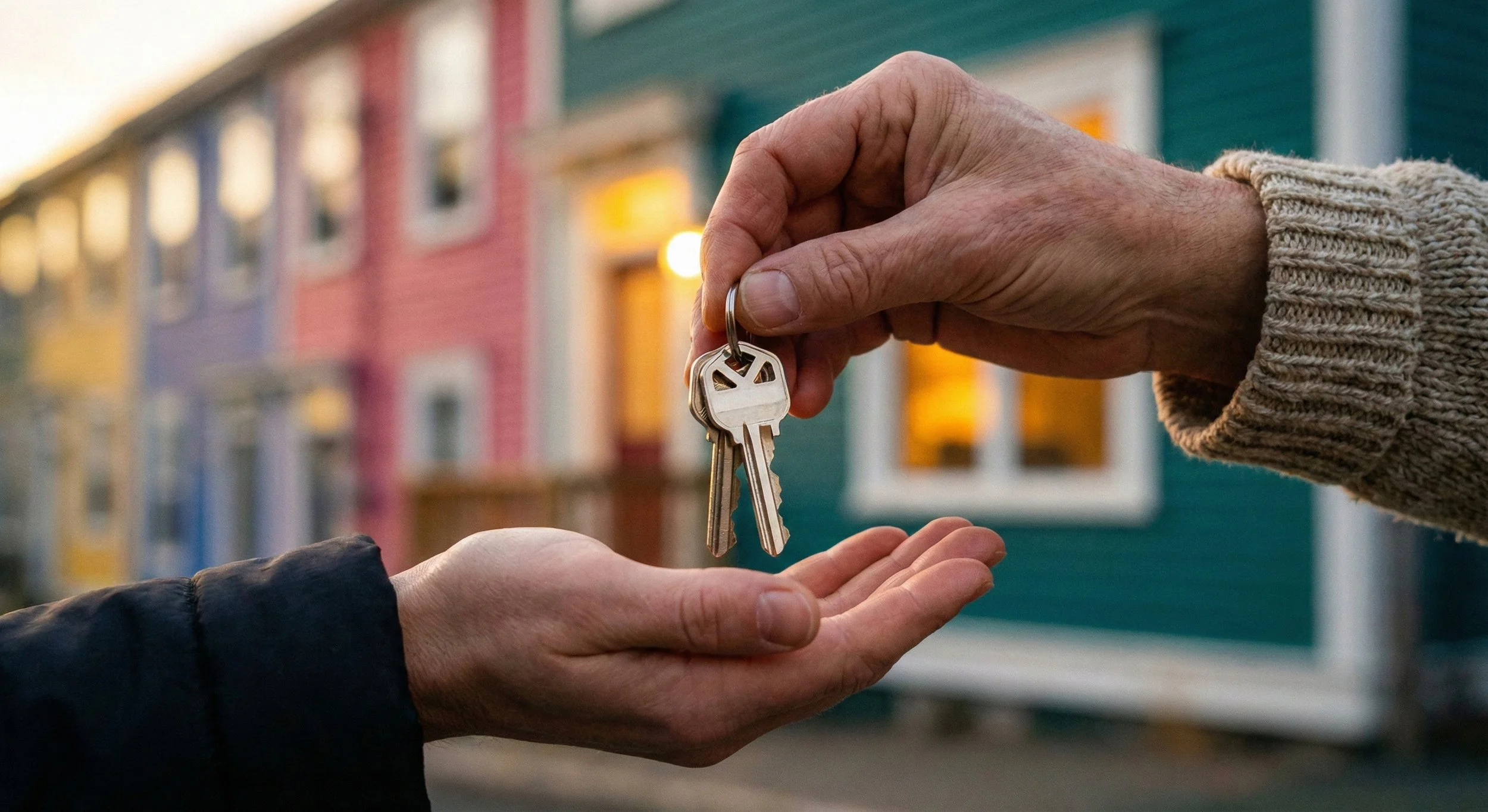 Close-up of a real estate agent or property manager handing house keys to a new homeowner or tenant, with softly blurred colorful St. John's row houses in the background.