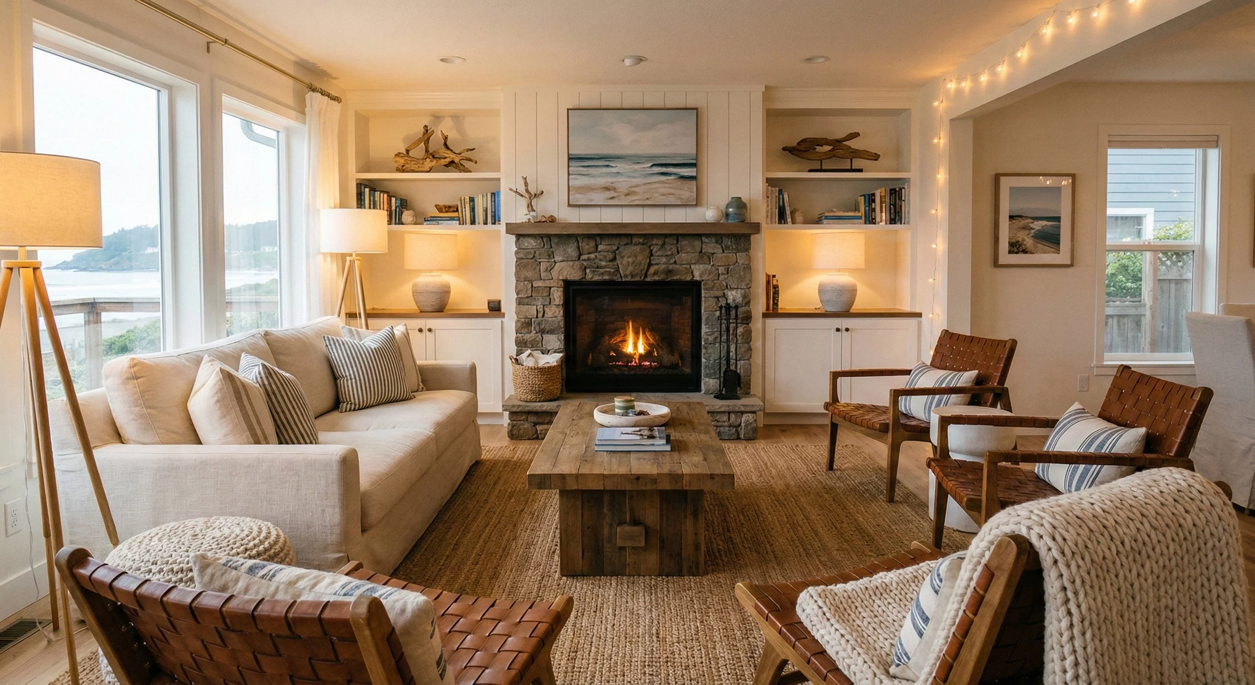 Cozy coastal-style living room interior featuring a lit stone fireplace, a light beige sofa, woven leather accent chairs, and large windows overlooking the ocean.