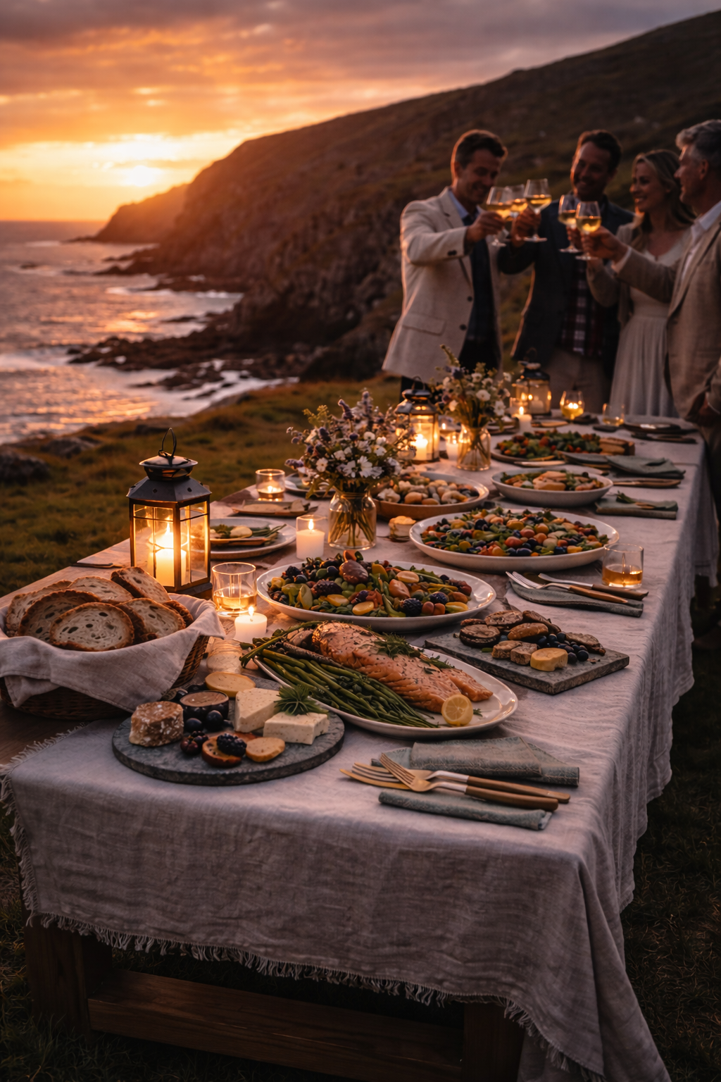 A group of people raising glasses at an outdoor dinner table during sunset on a rocky coastline, with a spread of food, candles, and floral decorations.