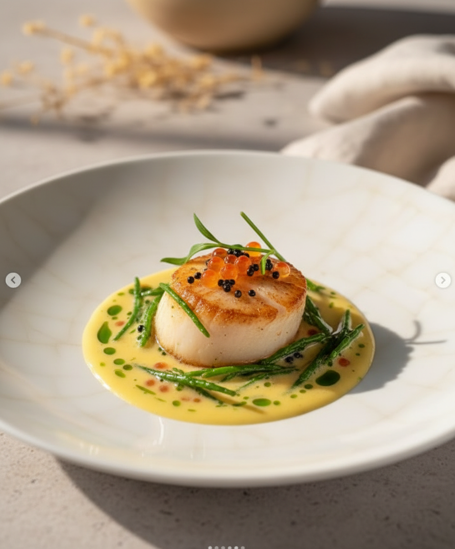 Scottish hand dived scallop ready to be served at tasting menu for private family event