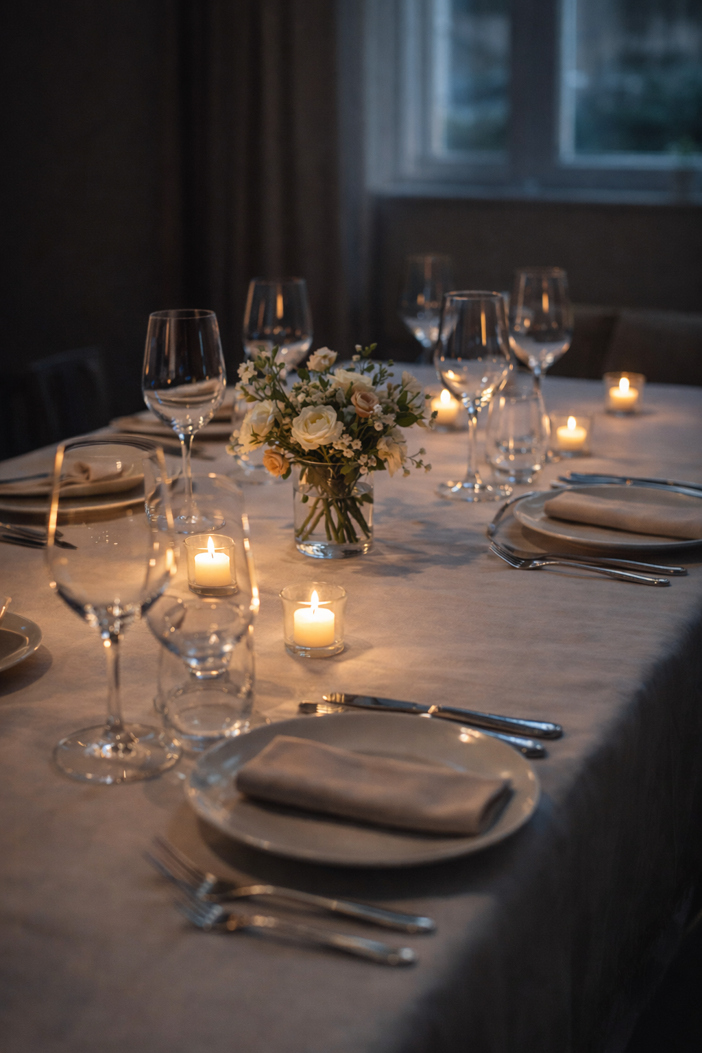Elegant restaurant table with white tablecloth, flower centerpiece, tea light candles, wine glasses, plates, silverware, and napkins, illuminated by candlelight with a window in the background.