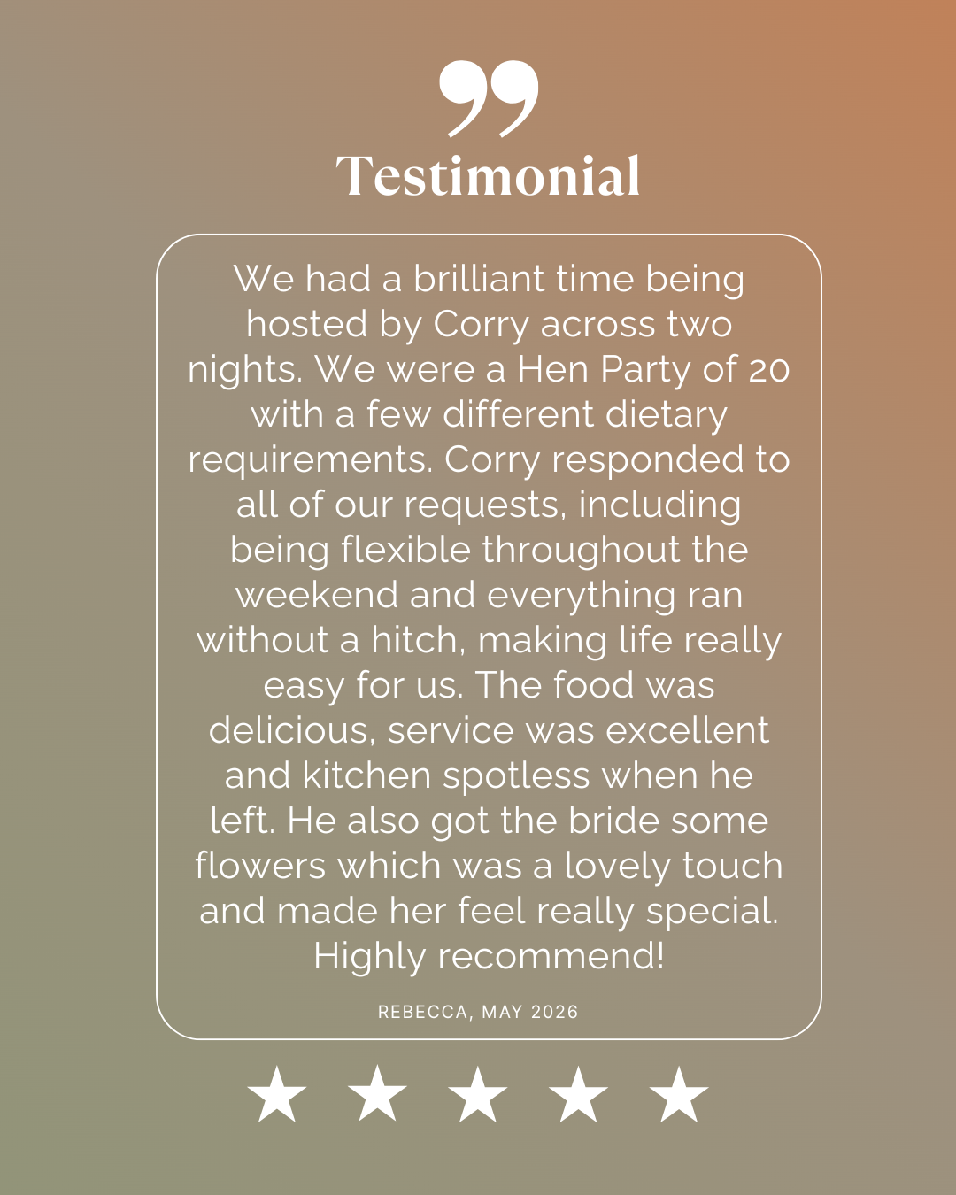 Testimonial about a Hen Party experience, with five-star ratings, on a gradient background.