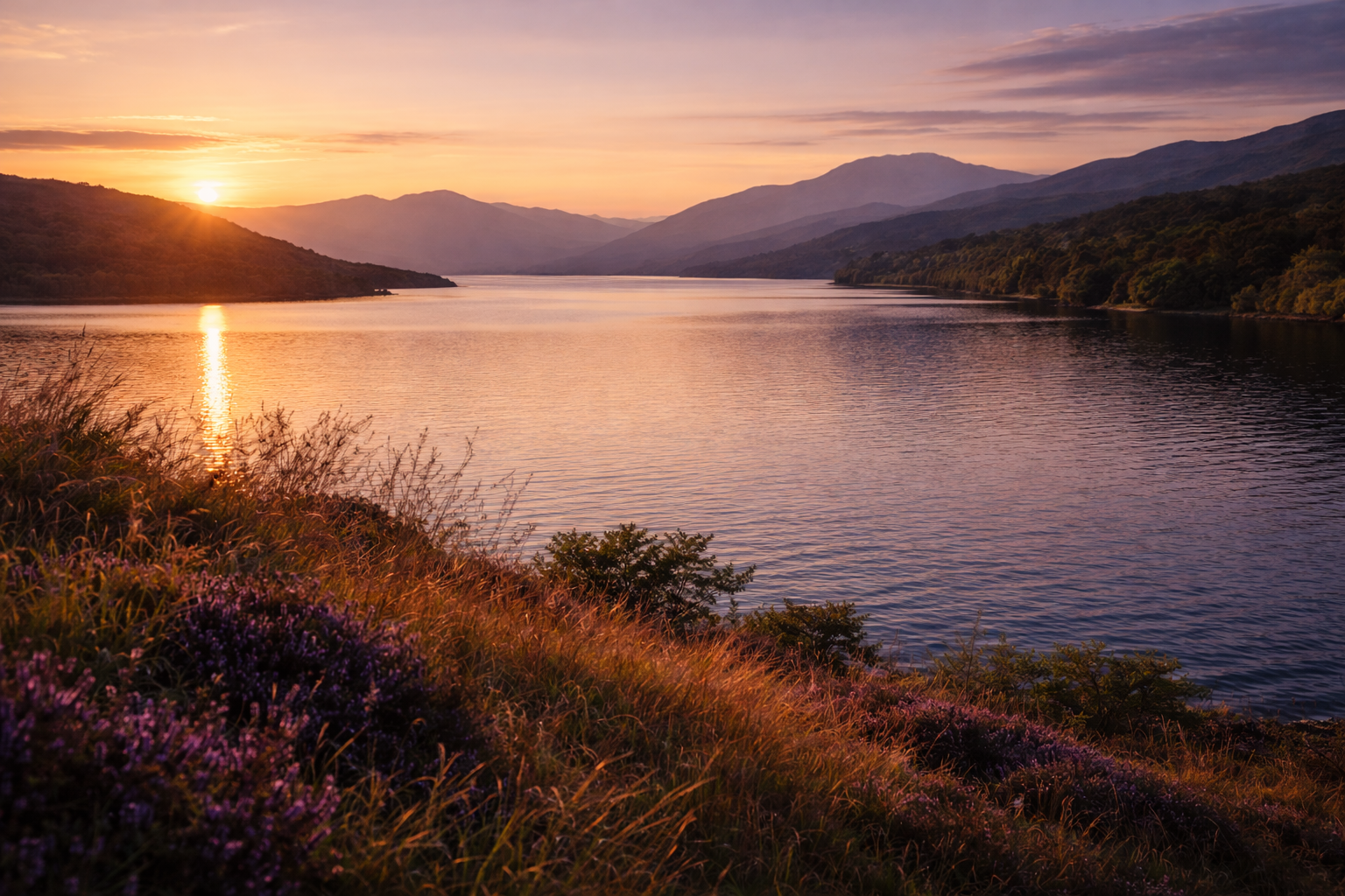 Sunset over a calm lake with mountains in the background, colorful sky, and purple flowers and grass in the foreground.