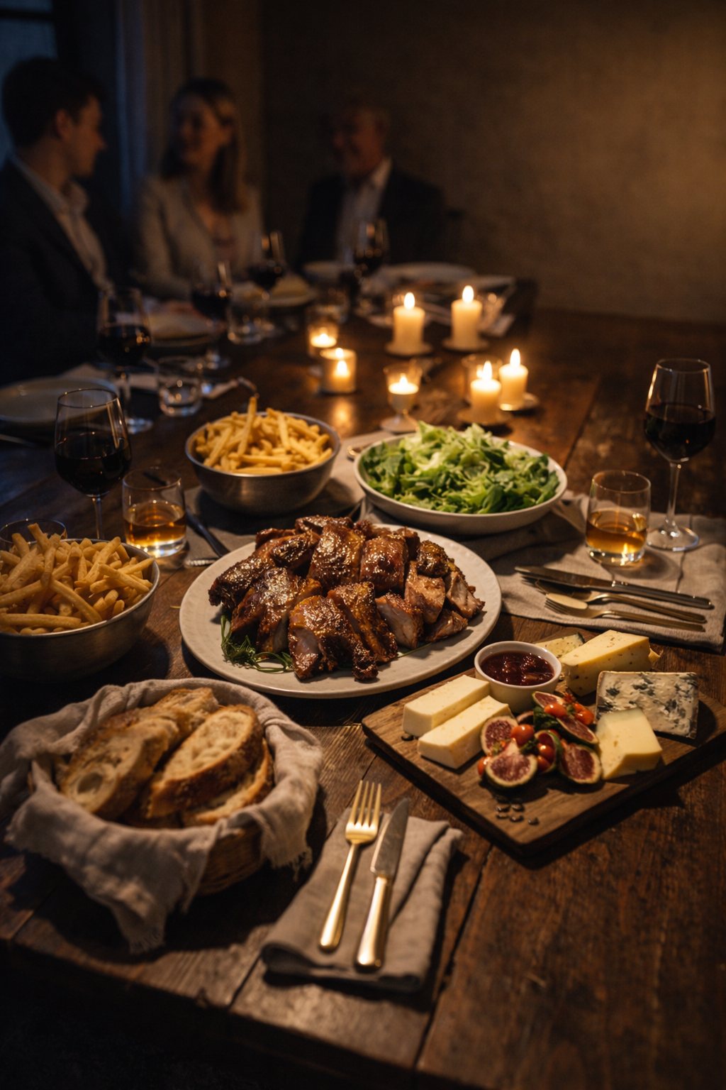 A dinner table set with various foods including a platter of grilled meat, bowls of french fries, greens, a cheese and charcuterie board, bread slices, and glasses of red wine. Candles provide warm lighting, and people are seated in the background.
