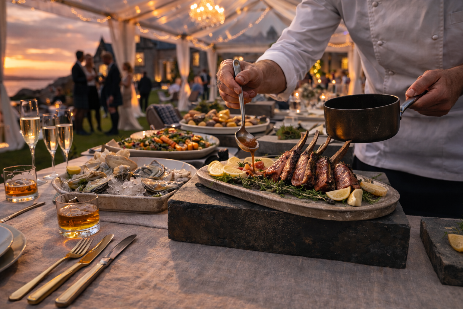 A man serving grilled lamb chops at an outdoor banquet table during sunset, with guests mingling under a decorated tent in the background.