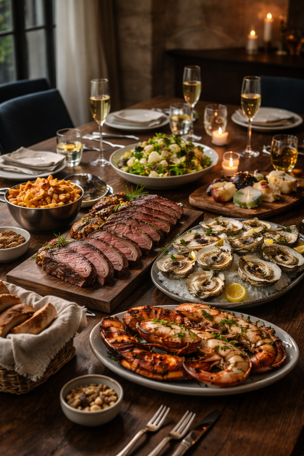 A beautifully set dinner table with various dishes including a sliced steak, oysters on ice with lemon wedges, large cooked shrimp, a fresh green salad, and a bowl of pasta. There are glasses of white wine, lit candles, and place settings with napkins.