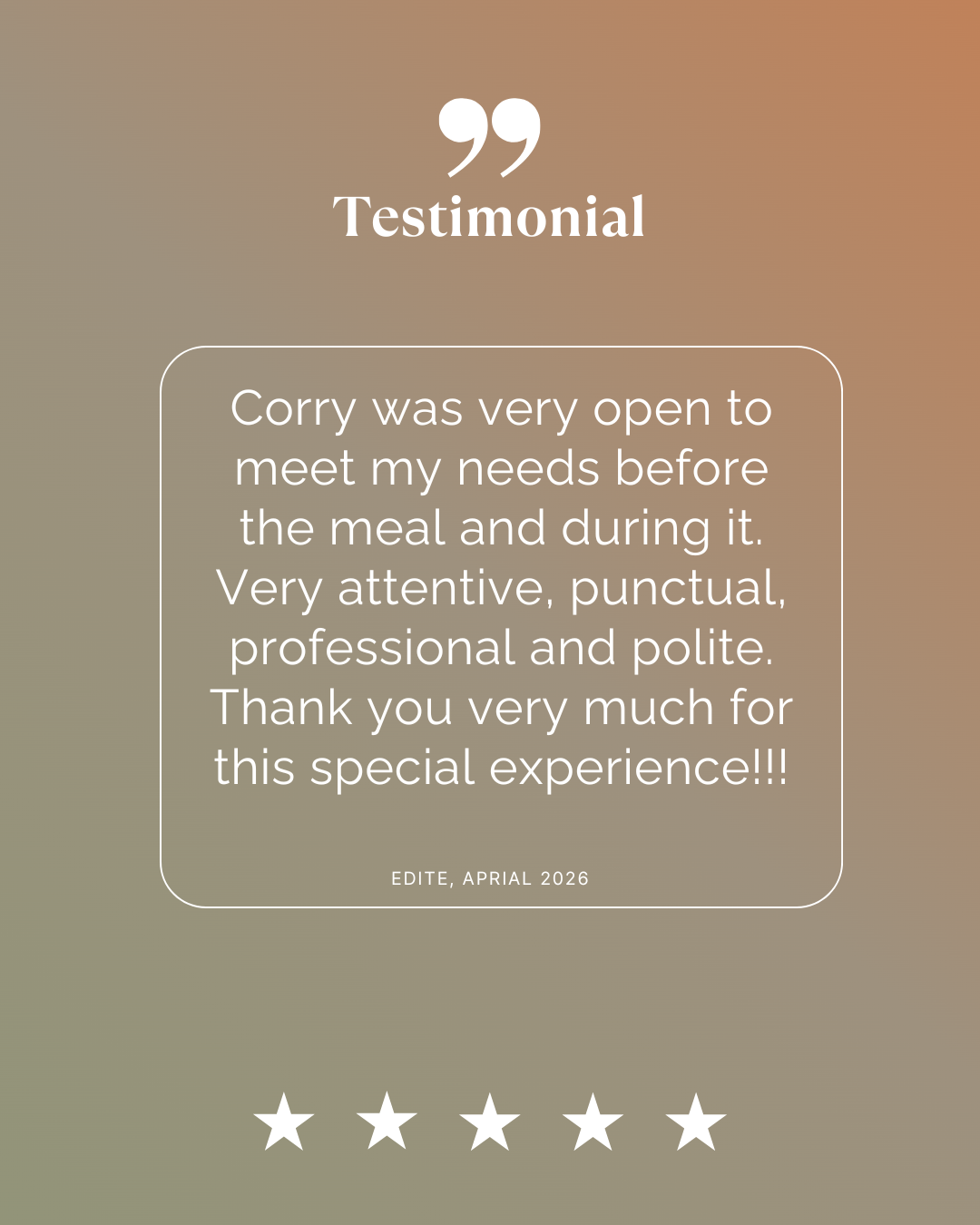 Testimonial about Corry's attentive, punctual, professional, and polite service, expressing gratitude for a positive experience, with a five-star rating, on a gradient background.